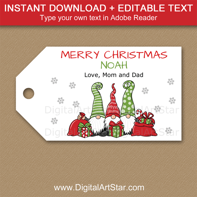 Editable Gnome Christmas Bag Tags Printable - Red and Green - Digital Art  Star